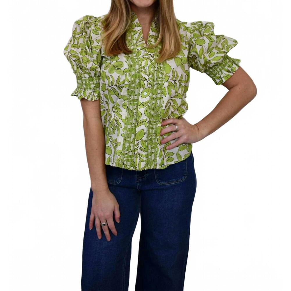 NEW GLAM ruffle v-neck smocked puff sleeve blouse in olive - Picture 4 of 5